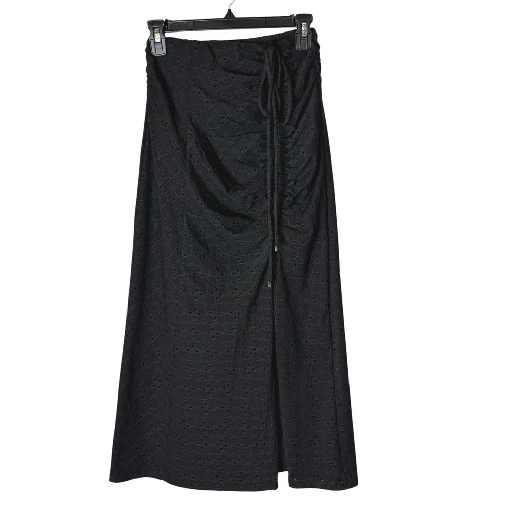 GLOWNY Devon Eyelet Maxi Skirt Women Small Black Ruched Slit Whimsigoth Y2K